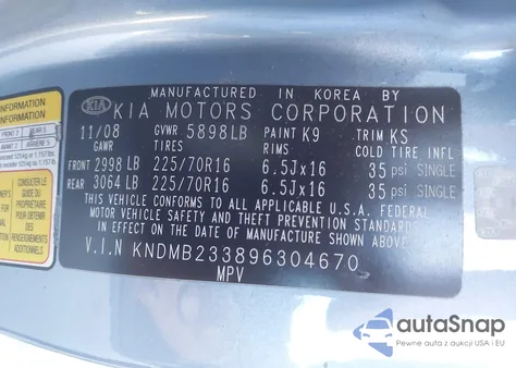 2009 Kia Sedona Lx z USA, uszkodzony, nr VIN KNDMB233896304670